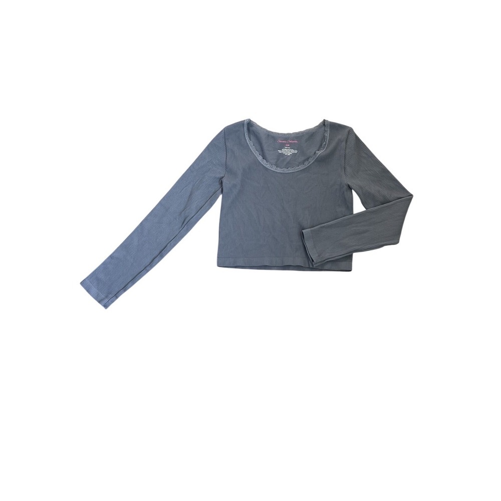 Suzette Collection Gray Ribbed Lace Trim Long Sleeve Crop Top Womens SM